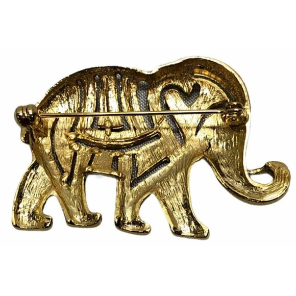 Elephant Brooch Pin Black Enamel Gold Color Figural Alloy Tribal Costume Jewelry - Picture 5 of 8